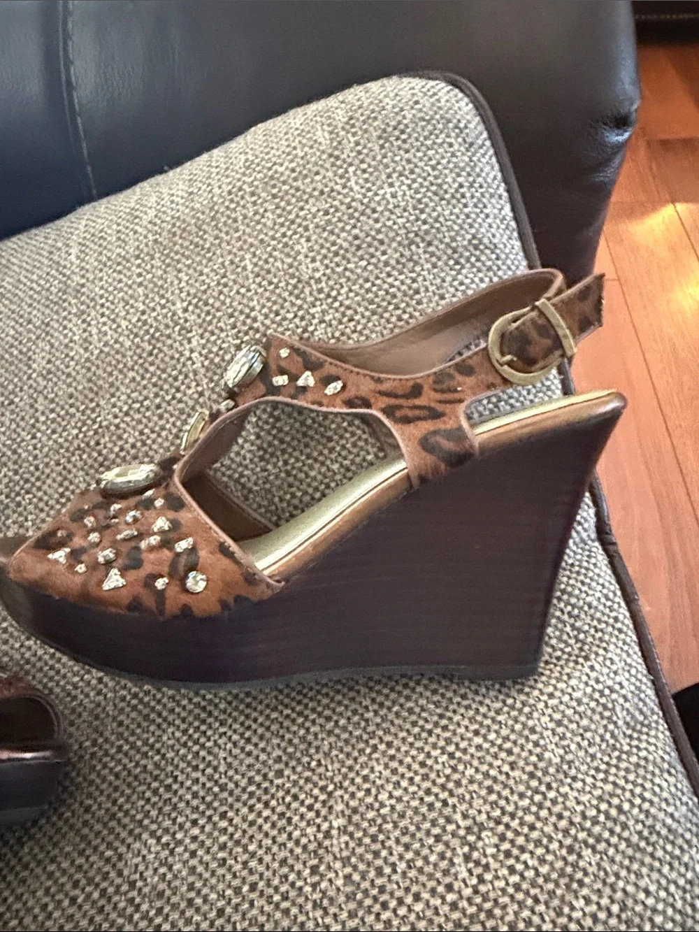 Reba Brown Leopard Jeweled Slingback Heels